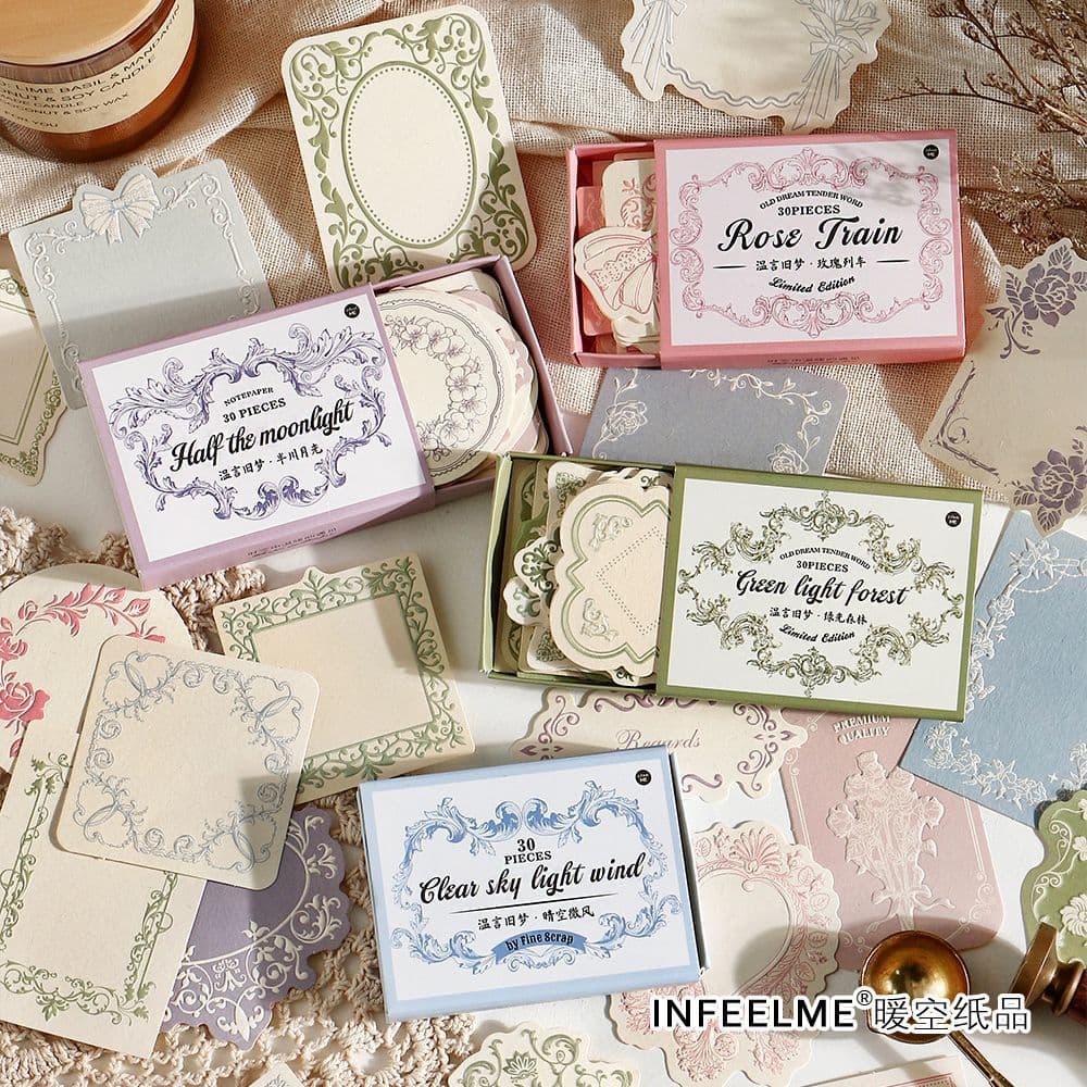 Infeel.Me Warm Words Old Dreams series letterpress memo paper, salt-style lace border writable journal material paper.