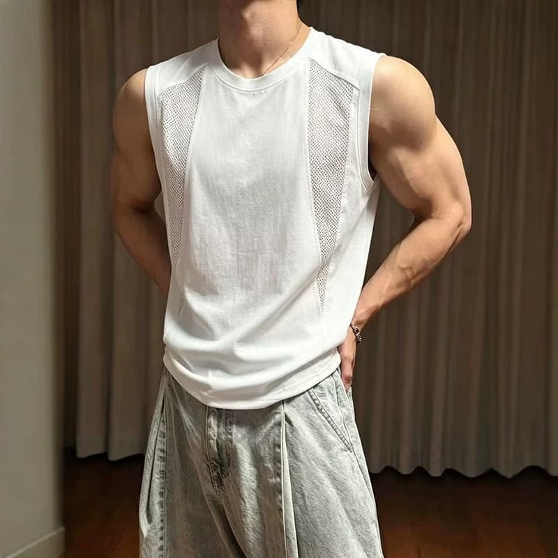 Fitness Sports Mesh Breathable Vest for Men, Summer Loose Simple Solid Color Sleeveless T-Shirt Tank Top Running Shirt