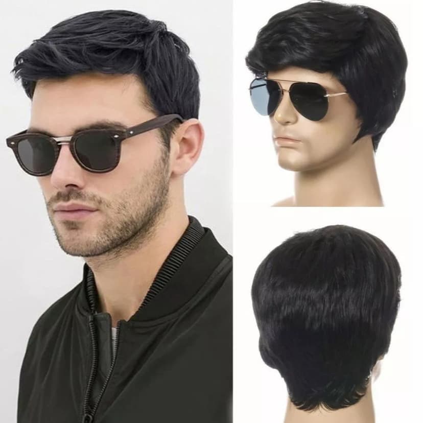 New Side Part Men's Black Short Hair Synthetic Wig Factory Ready Stock