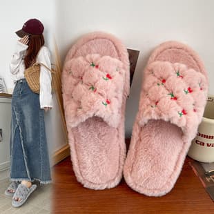 Cross-Border Foreign Trade Fuzzy Slippers Indoor Home Shoes Embroidery One-Strap Velvet Slippers Autumn Winter Cotton Shoes Non-Slip