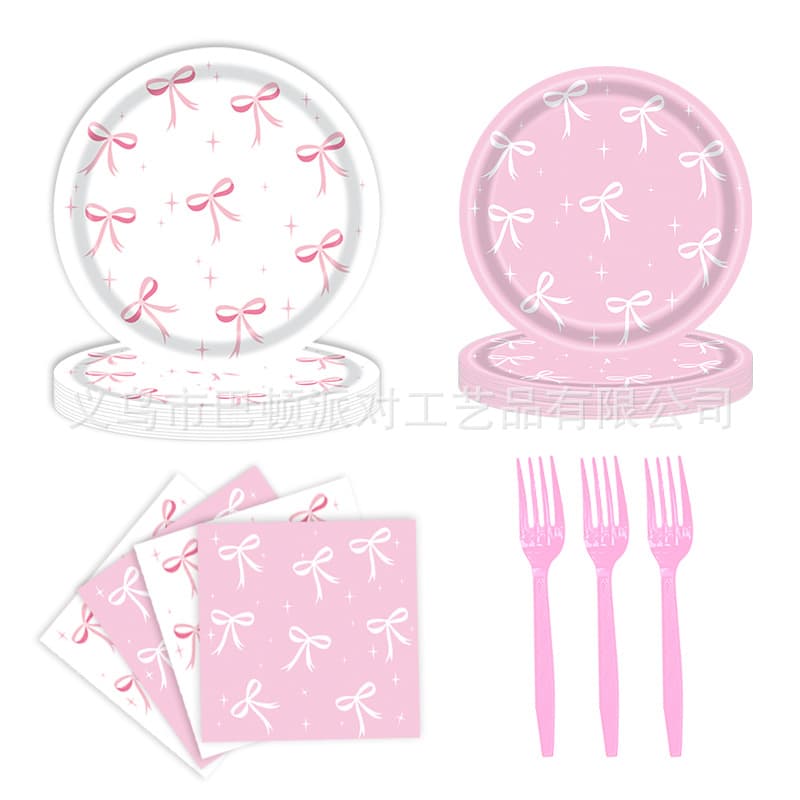 Spot Pink Ribbon Bow Theme Party Supplies Paper Plate Tissue Party Layout Disposable Paper Dinner Plate