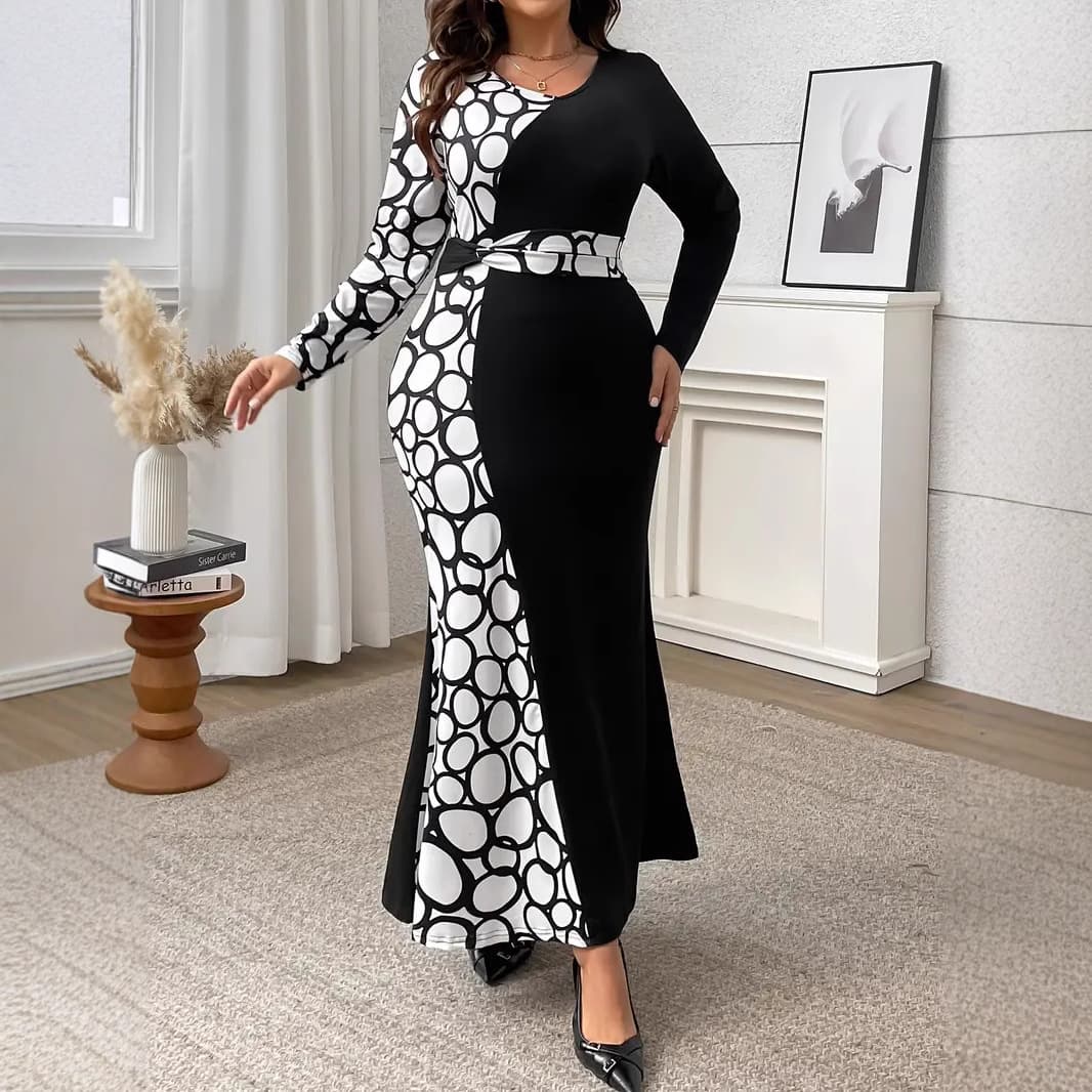 Plus Size Sexy Long Dress Color Block Cross-Border Women's Fashion Autumn New Style for Curvy Women Large Size Dress