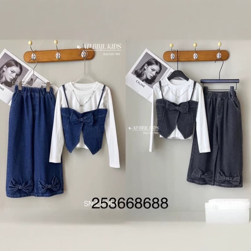 Girls' Autumn Denim Set Middle Older Kids Vest Base Layer Denim Wide Leg Pants 3-Piece Set Zhili Kids Clothing