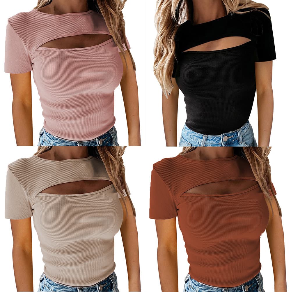 2026wish Sexy Chest Hollow Short Sleeve Ribbed Top Women's Fashion Sexy Breast Revealing Cross-border Foreign Trade Amazon