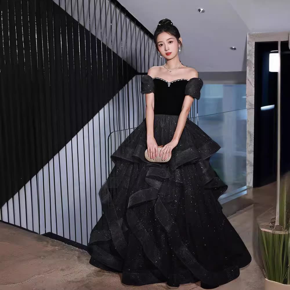 Black Off-Shoulder Evening Dress Women 2026 New Summer Art Exam Graduation Dress Elegant Socialite Banquet Gown
