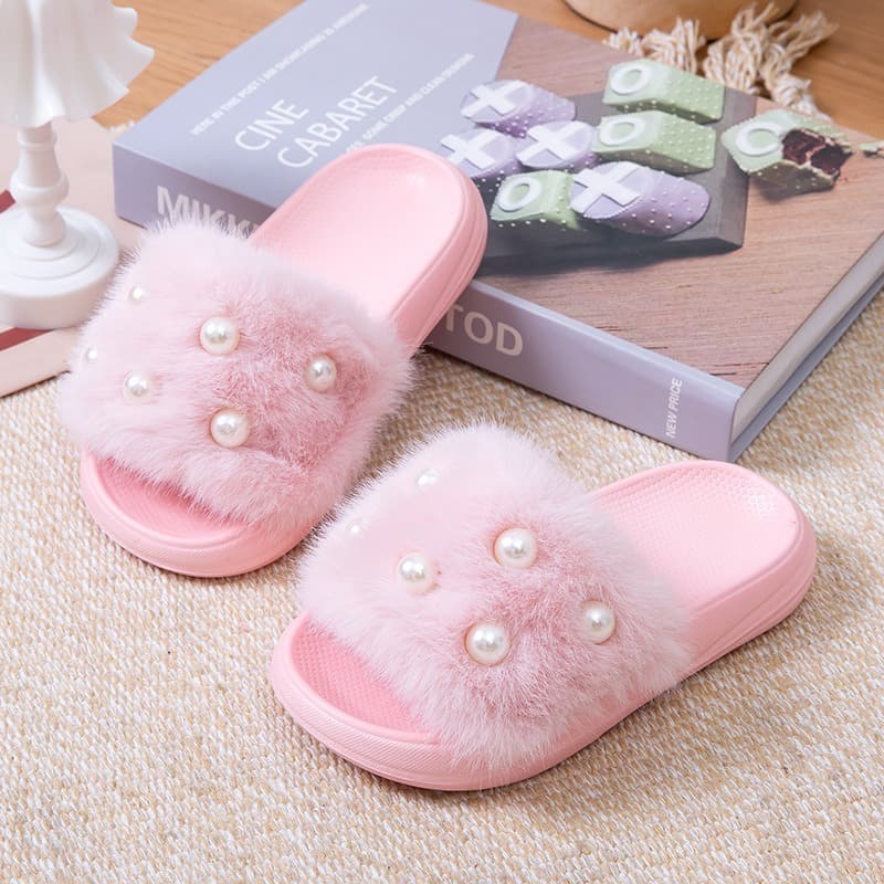 EVA Children's Pearl Plush Slippers Cross-border Autumn/Winter New Anti-slip Warm Indoor Outdoor Toddler Girls Shoes