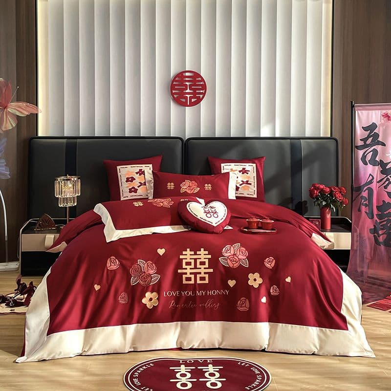 Long-staple cotton marriage comforter full set, pure cotton wedding four-piece set with mattress, complete bridal room festive red bedding