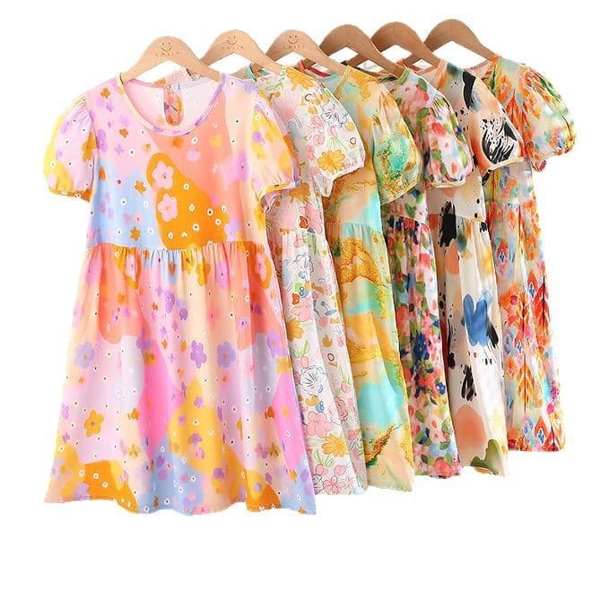 Girls Dress Summer New Children's Skirt Puff Sleeve Floral Skirt Little Girl Princess Skirt