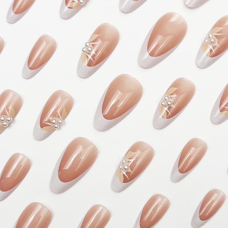 Medium Almond Nails Classic White French Tip with Yellow Flower Pearl False Nails 24 Pieces Removable Manicure