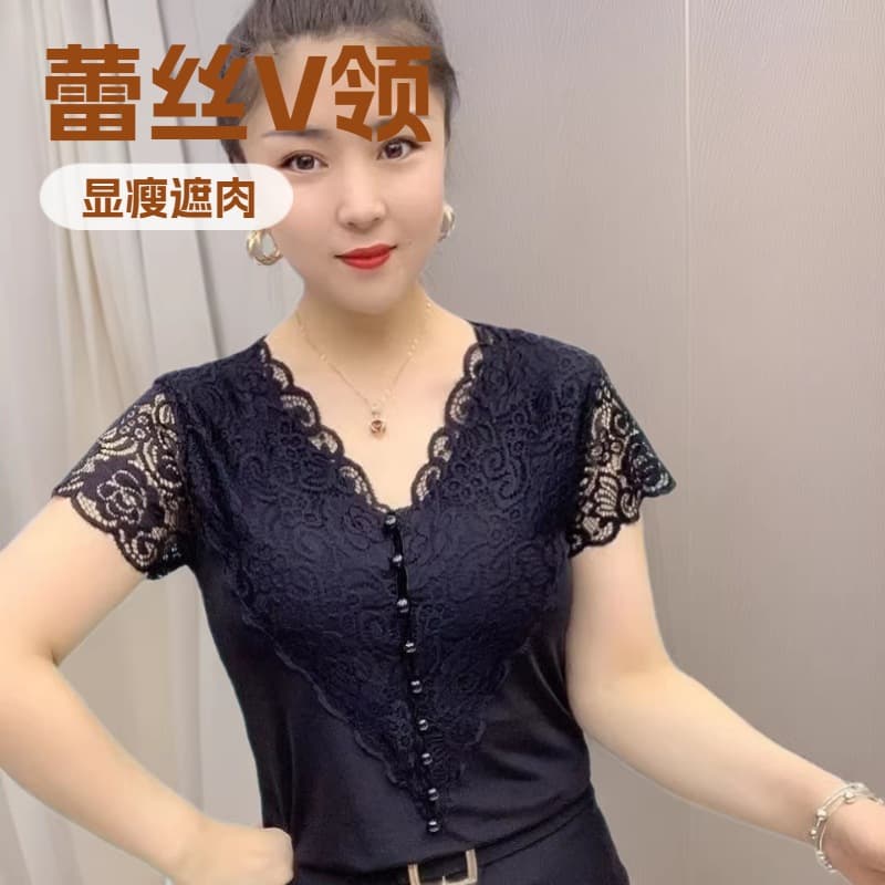 Newly upgraded lace V-neck short-sleeved T-shirt for women, slim fit, versatile and fashionable top