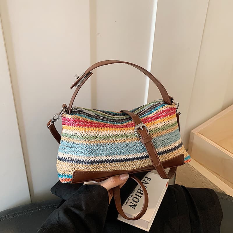 2026 New Rainbow Stripe Woven Bag Women's Crossbody Bag Lightweight Straw Handbag High-Looking Versatile Shoulder Bag