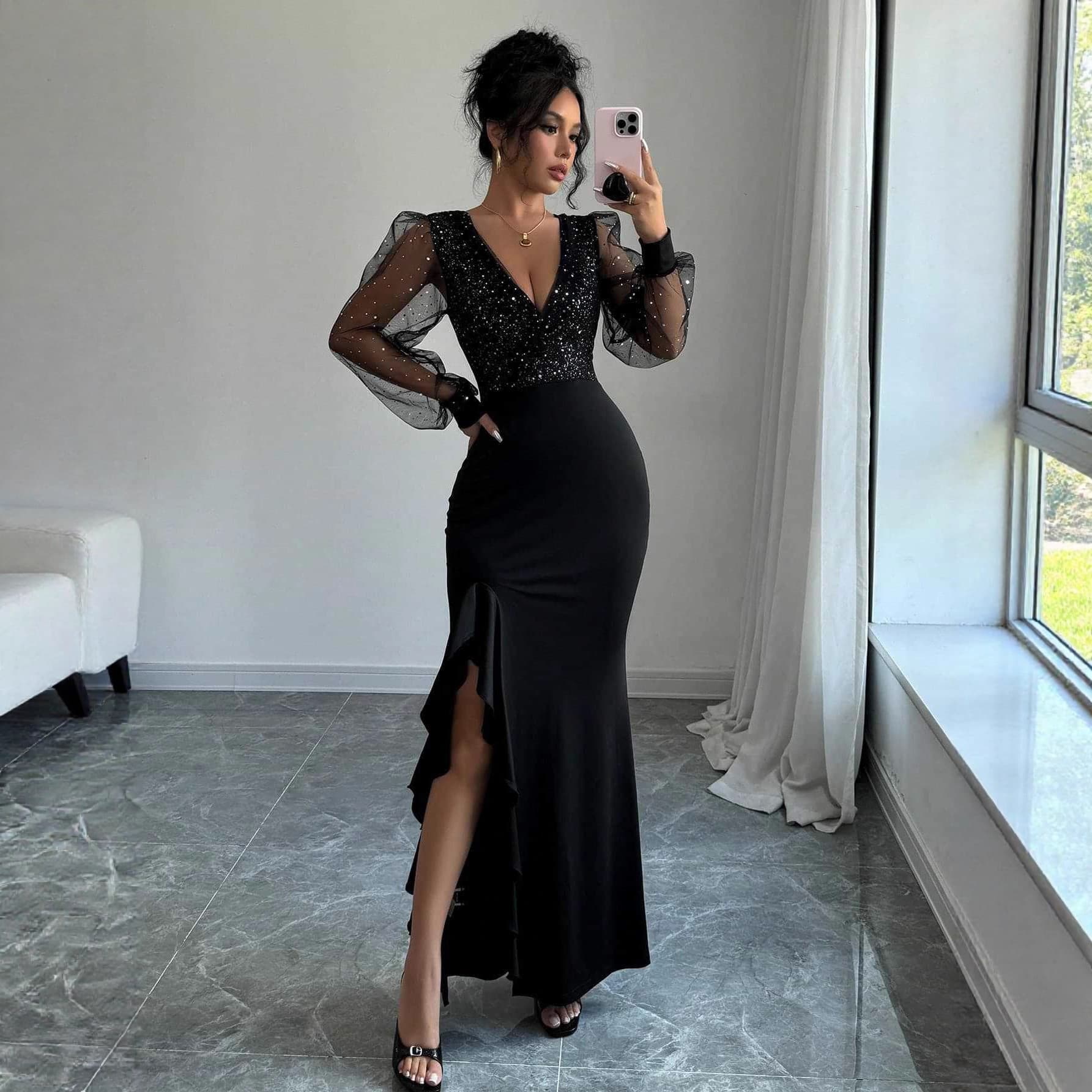 Amazon 2025 Spring/Fall Knit Dress Elegant Sexy V-Neck High-Waist Slim Fit Sequin Patchwork Stretchy Long Dress