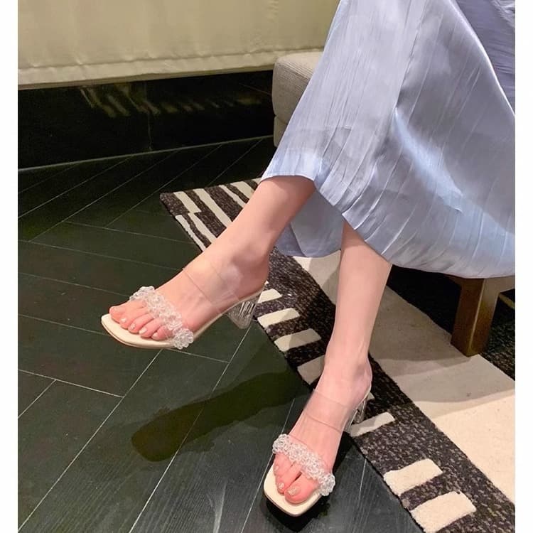 2026 Summer New Crystal Heel Transparent Sandals Women's High Heel Slip-Ons Chunky Heel One-Strap Slippers