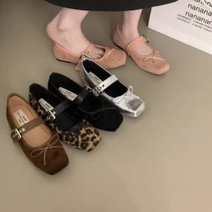 2025 Square Toe Women's Shoes Autumn Flat Bow Ballet Shoes Belt Buckle Korean Mary Jane Shoes Cross-border