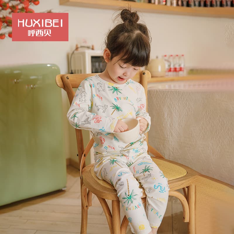 Baby Autumn and Winter Thermal Underwear Set, High-Waist Belly Protection for Boys and Girls, Pure Cotton Sleepwear, Lycra Cotton Set