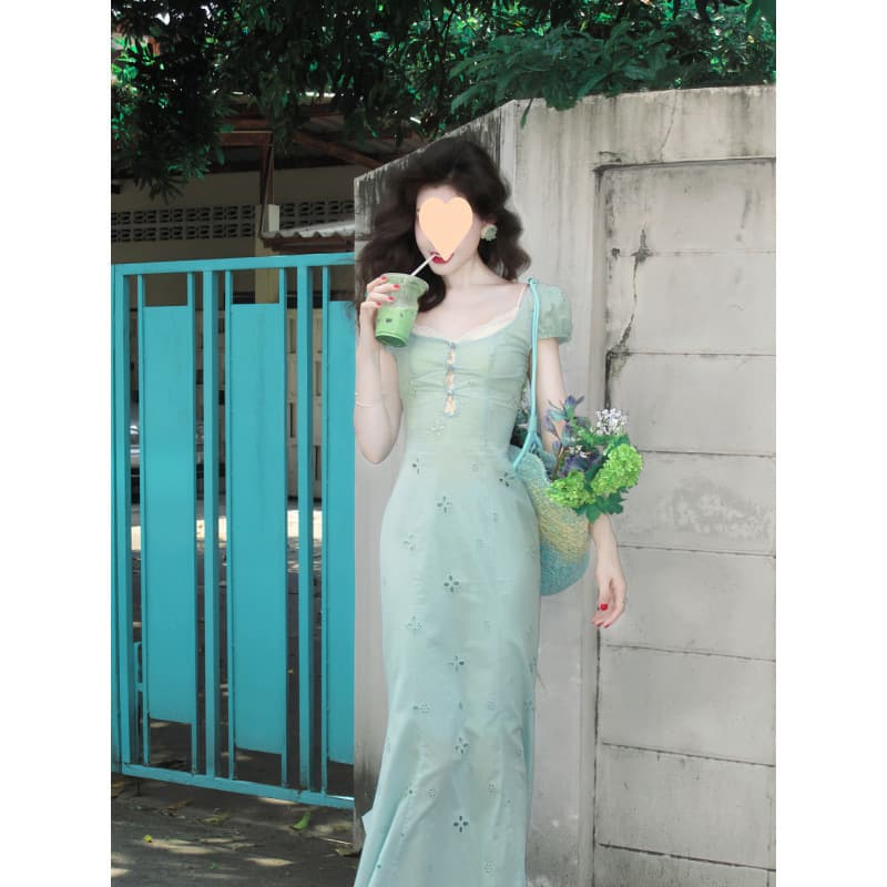 Yu Qi French Fishtail Summer New Hollow First Love Dress Long Skirt Long Short Sleeves Slim Embroidered Flower Temperament