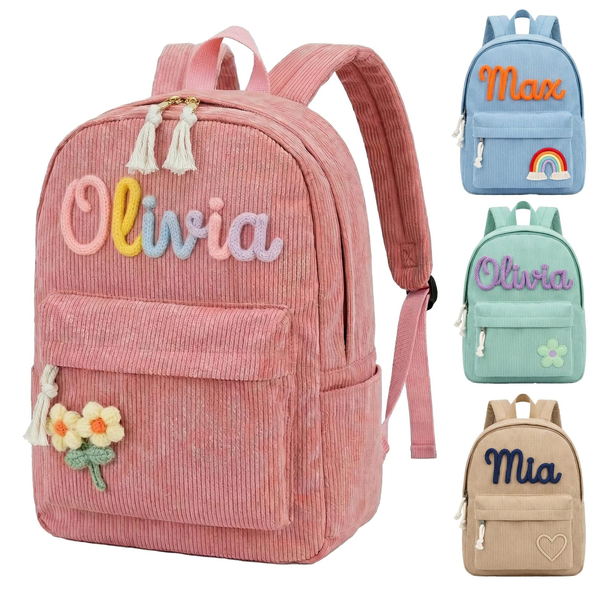 Personalized Name Backpack Handwoven Corduroy Cute School Bag Student Gift