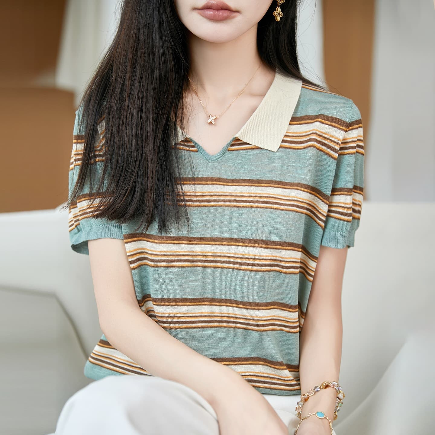Retro Striped Short Sleeve Sweater Women's Loose Thin T-Shirt Large Size Summer New Women's Clothes Outer Top