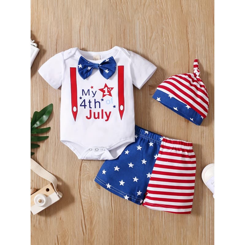 2026 New Cross-border Drop Shipping Boys' Summer Independence Day Letter Print 3-Piece Set