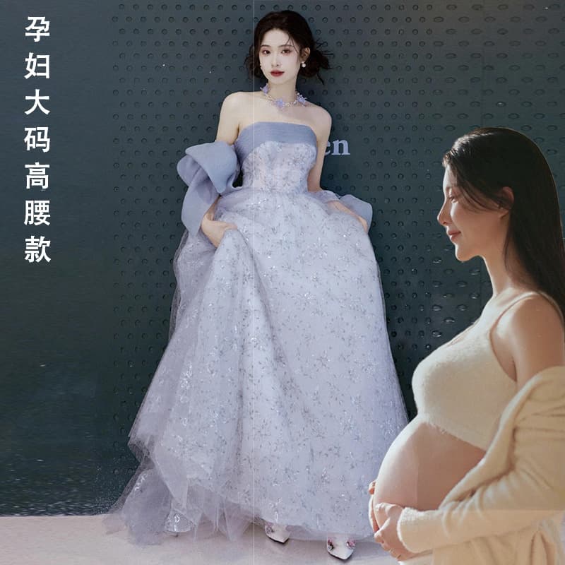 French-style Strapless Toast Dress Plus Size Blue Engagement Dress Adult Birthday Banquet Host Evening Gown