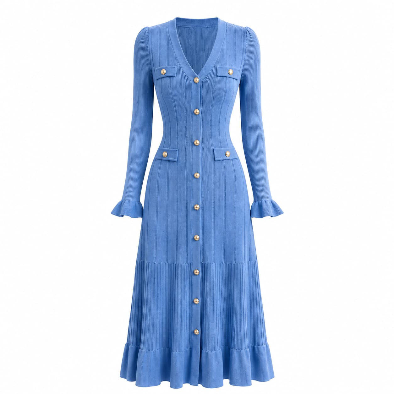 S family ruffled knitted midi dress women's cross-border slim ribbed midi dress high waist large swing skirt