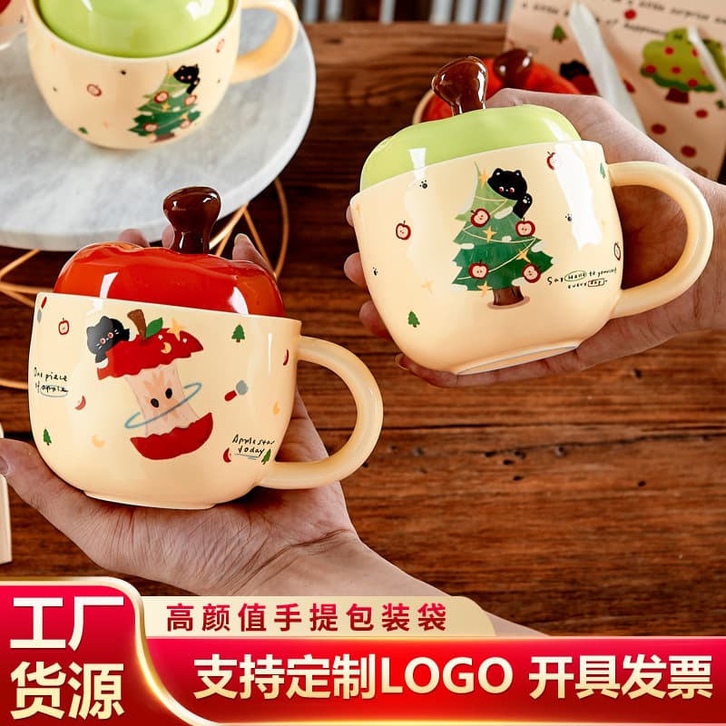 Creative Apple Ceramic Cup Cute Water Cup Mug with Lid and Spoon Gift Souvenir Cup Gift Box Christmas Gift Customizable