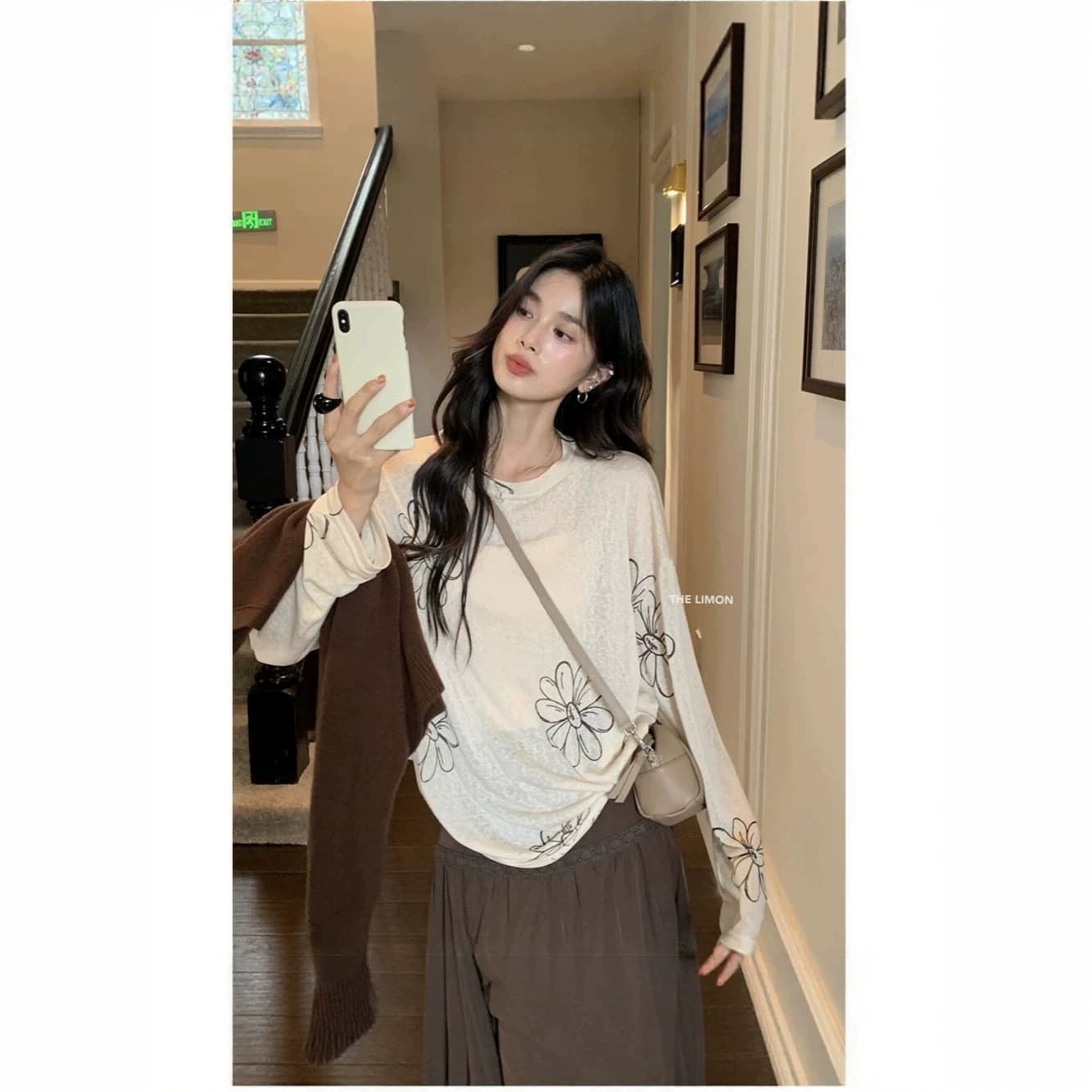 Summer Lazy Style Floral Print Loose Long-Sleeve T-Shirt Thin Sun Protection Women's Top