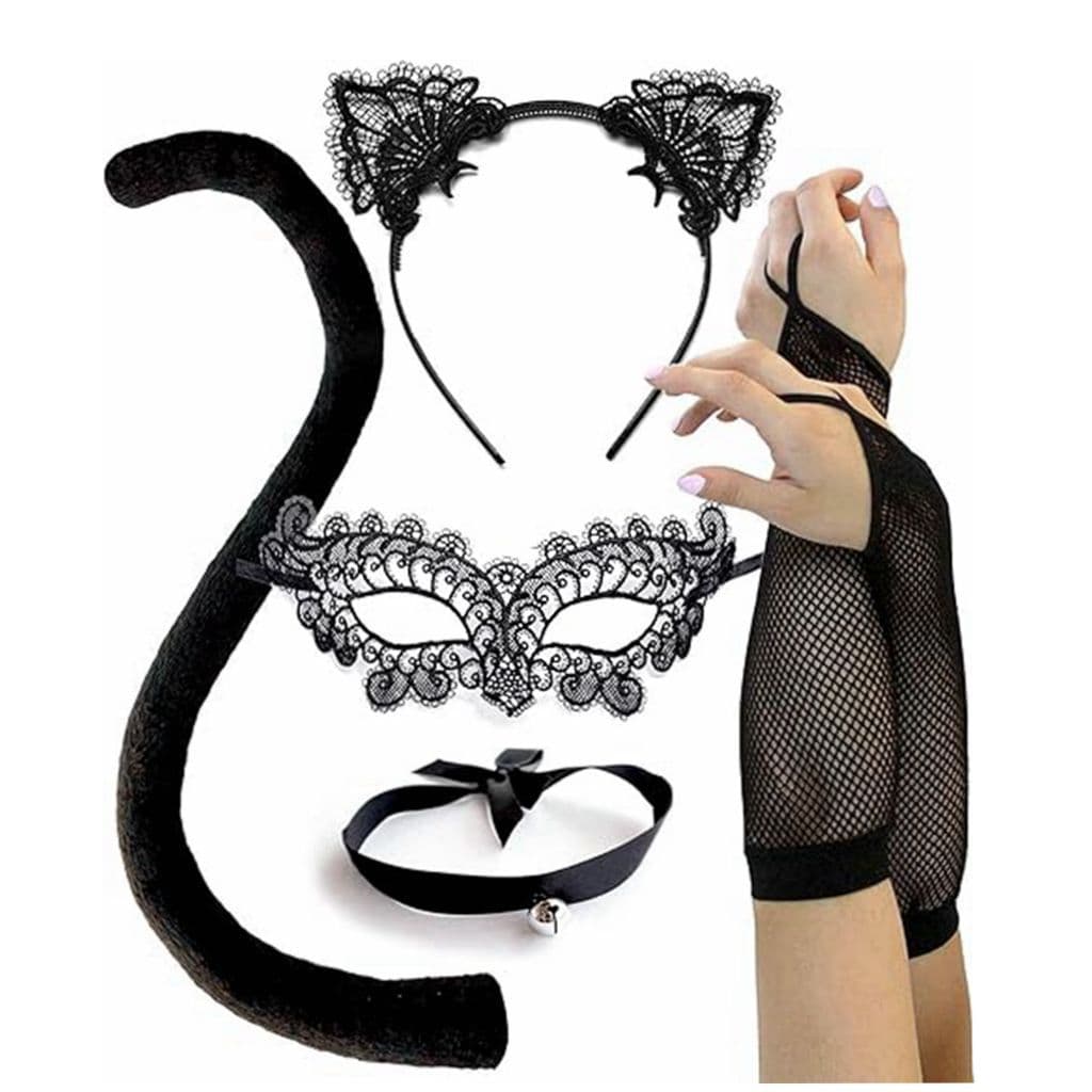 Halloween Masquerade Mask Cat Girl Sexy Costume Accessories Lace Ear Collar Necklace Black Cat Costume Set