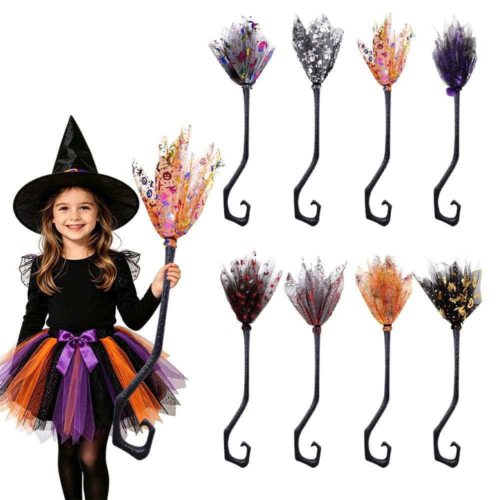 Amazon Halloween Broom Prop Masquerade Cosplay Witch Costume Accessory Mesh Curved Handle Witch Broom