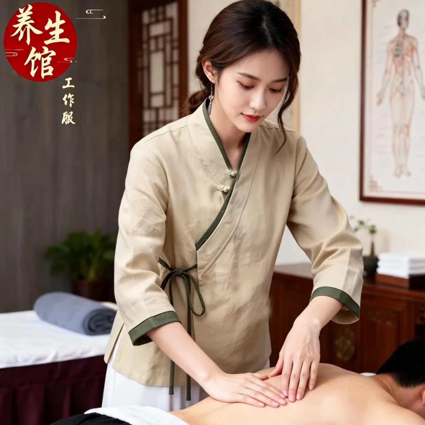 Beauty Salon Work Uniform Women High-End Wellness Center Chinese Massage Moxibustion Therapy Linen Cotton Set Ear Pick Staff Uniform