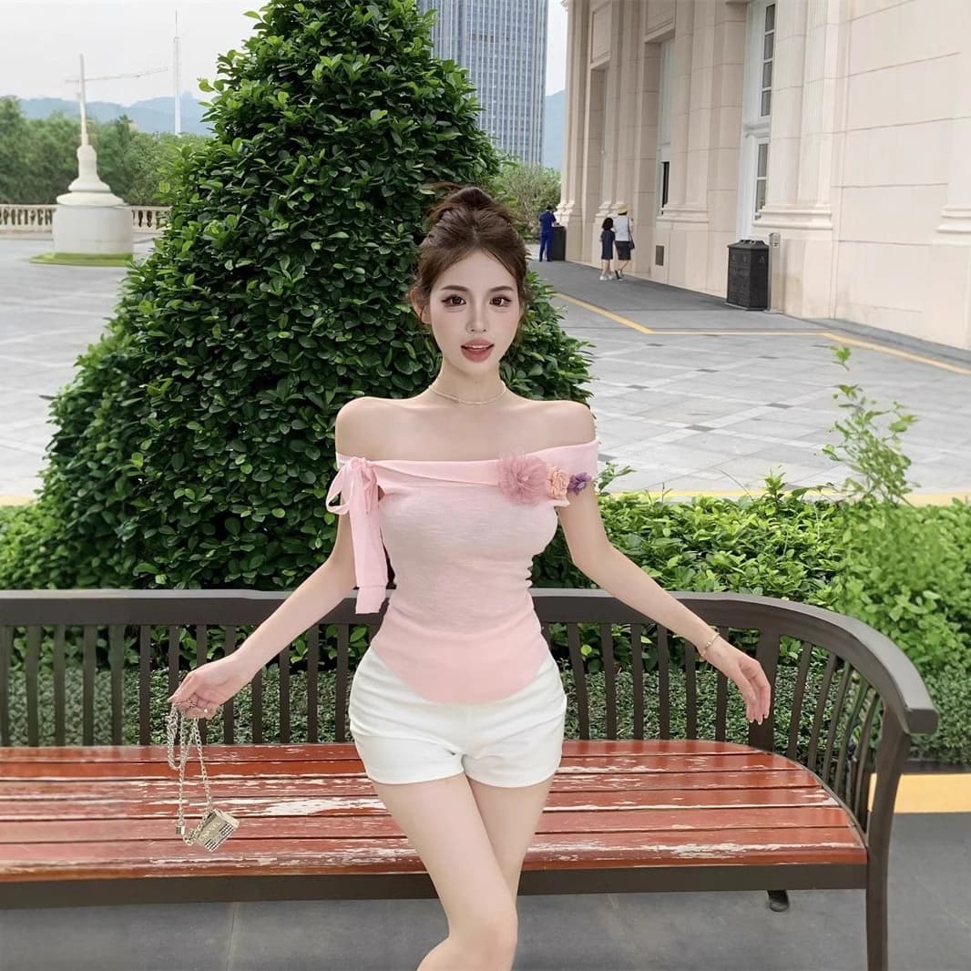 Sweet and Spicy Off-Shoulder 3D Floral Knit Top for Women, Designer Stylish Pure Desire Bare Shoulder Waist-Cinching Cropped Blouse Summer