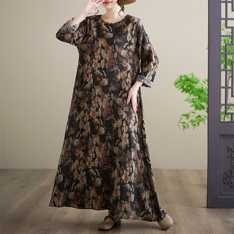 Actual Photo In Stock, Linen-Cotton Printed Round Neck Loose Plus Size Long Sleeve Dress for Plus Size Women, Vacation Dress