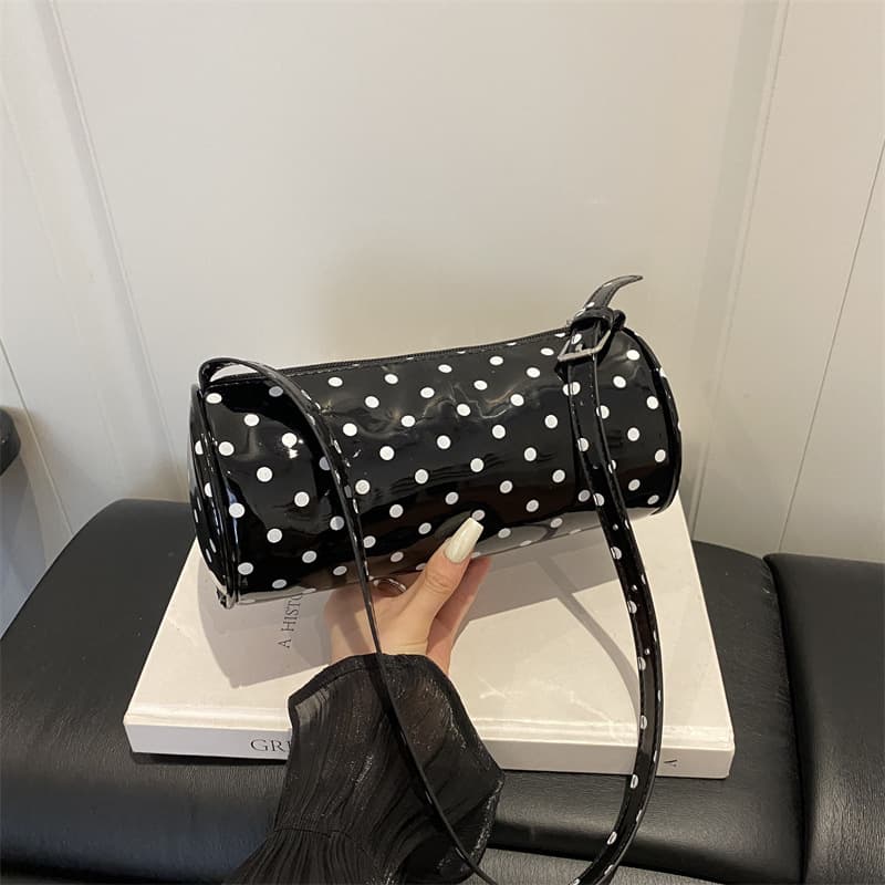 French Style Black and White Polka Dot Mini Boston Handbag Sweet Girl Crossbody Cylinder Bag Exquisite Commute Women's Bag