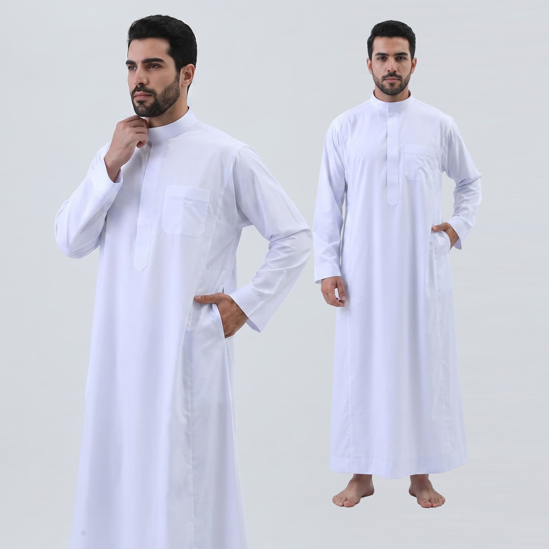 SP0074 New Pure White Stand Collar Hidden Button Formal Men's Thobe Long Sleeve High-End Outerwear Robe