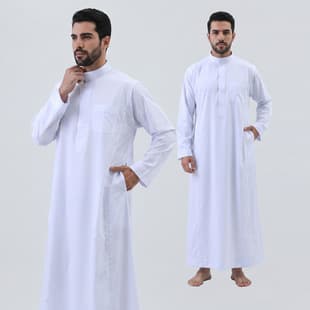 SP0074 New Pure White Stand Collar Hidden Button Formal Men's Thobe Long Sleeve High-End Outerwear Robe