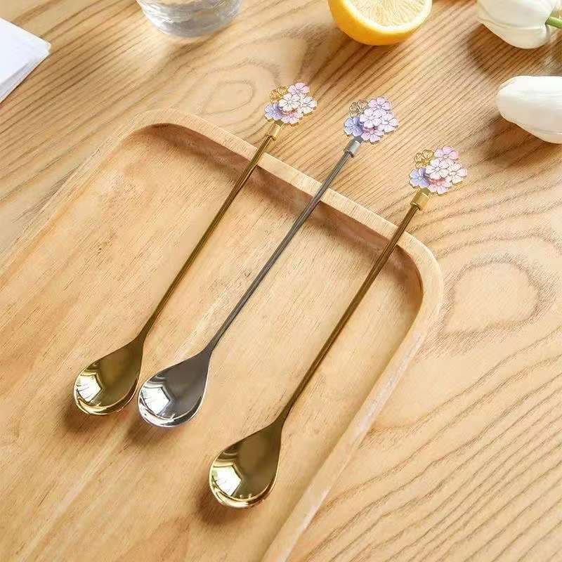 Cherry Blossom Long Handle Stirring Ice Spoon, Milk Tea Shop Coffee Stirring Stick, Ice Cream Spoon, Bird's Nest Tremella Dessert Spoon, Gift