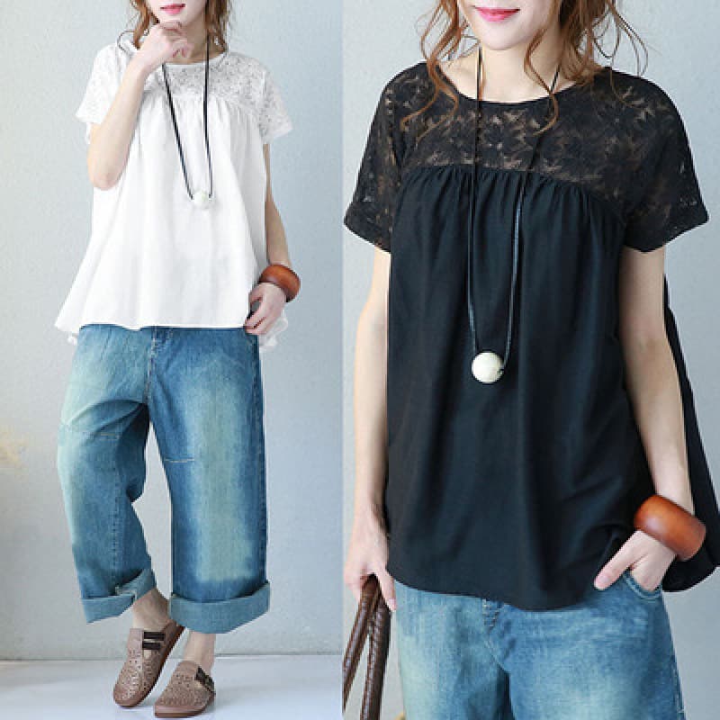Women's Plus Size Summer Short Sleeve Shirt Solid Color New Lace Trim Spliced Top