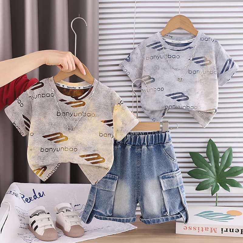 Baby Boy Summer Outfit 2026 New Children's Short Sleeve Chain Letter Print Two-Piece Set Trendy