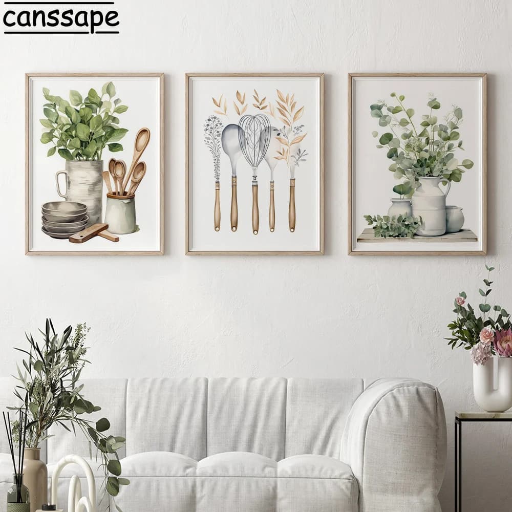 Cross-border Exclusive Hot-selling Green Plant Tableware Spoons Kitchenware Kitchen Dining Room Decor Frameless Print Poster