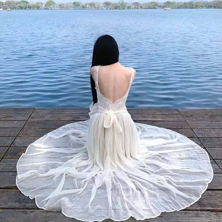 French White Lace Tie-Back Strap Dress for Women Summer Vacation Style Elegant Waist-Cinching Long Dress