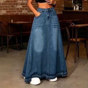 Vintage Blue Raw Hem Denim Maxi Skirt High-Waist Draped Long Skirt Bohemian Artistic Floor-Length Skirt