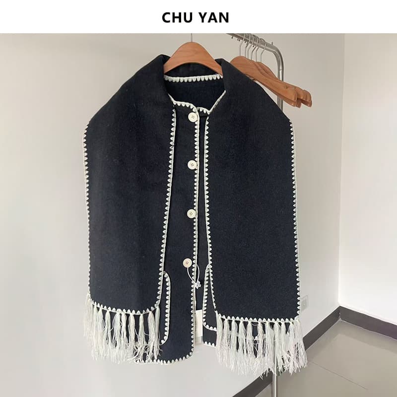 High-quality Tot*e Charcoal Gray Fringe Scarf Wool Coat Women's New Autumn/Winter Oversized Double-Faced Wool Outerwear