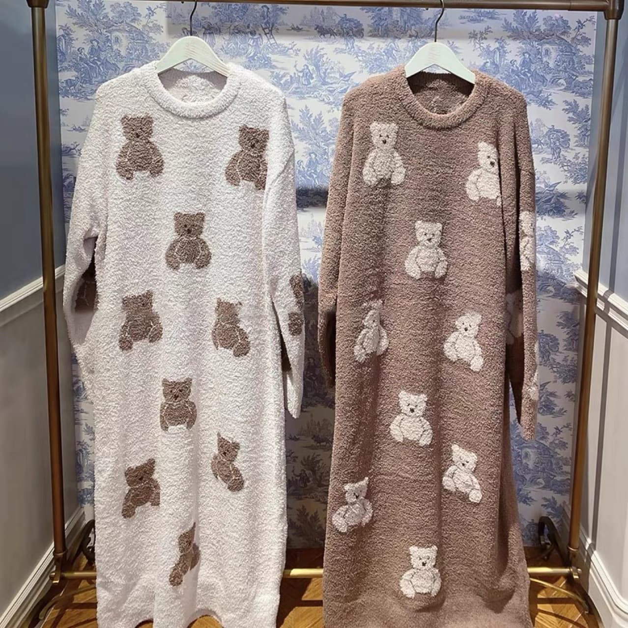 Autumn/Winter Soft Thickened Long Cute Bear Round Neck Nightgown Long Dress Homewear Wholesale