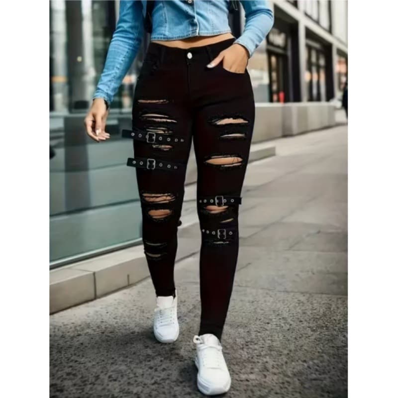 American retro cross-border 2026 new European and American black ripped jeans for women, casual, soft and elastic mid-high waist