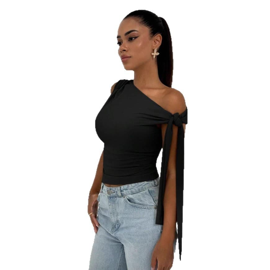 European and American Women's Fashion 2025 Summer New Arrival Street Style Slim Fit Ribbon Tie Knot Slanted Neckline Solid Color Sleeveless Top