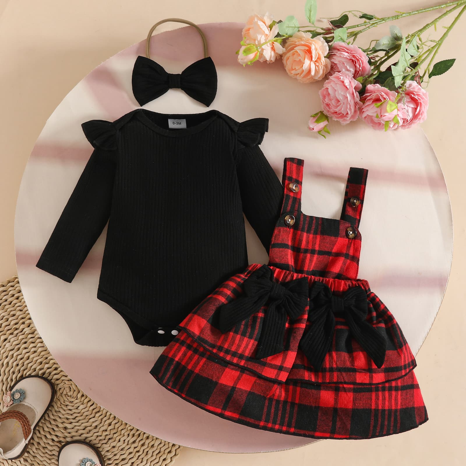 Cross-border Baby Autumn/Winter Suspender Skirt Set for Girls, Ribbed Long-Sleeve Top, Plaid Dress, and Headband 3-Piece Set