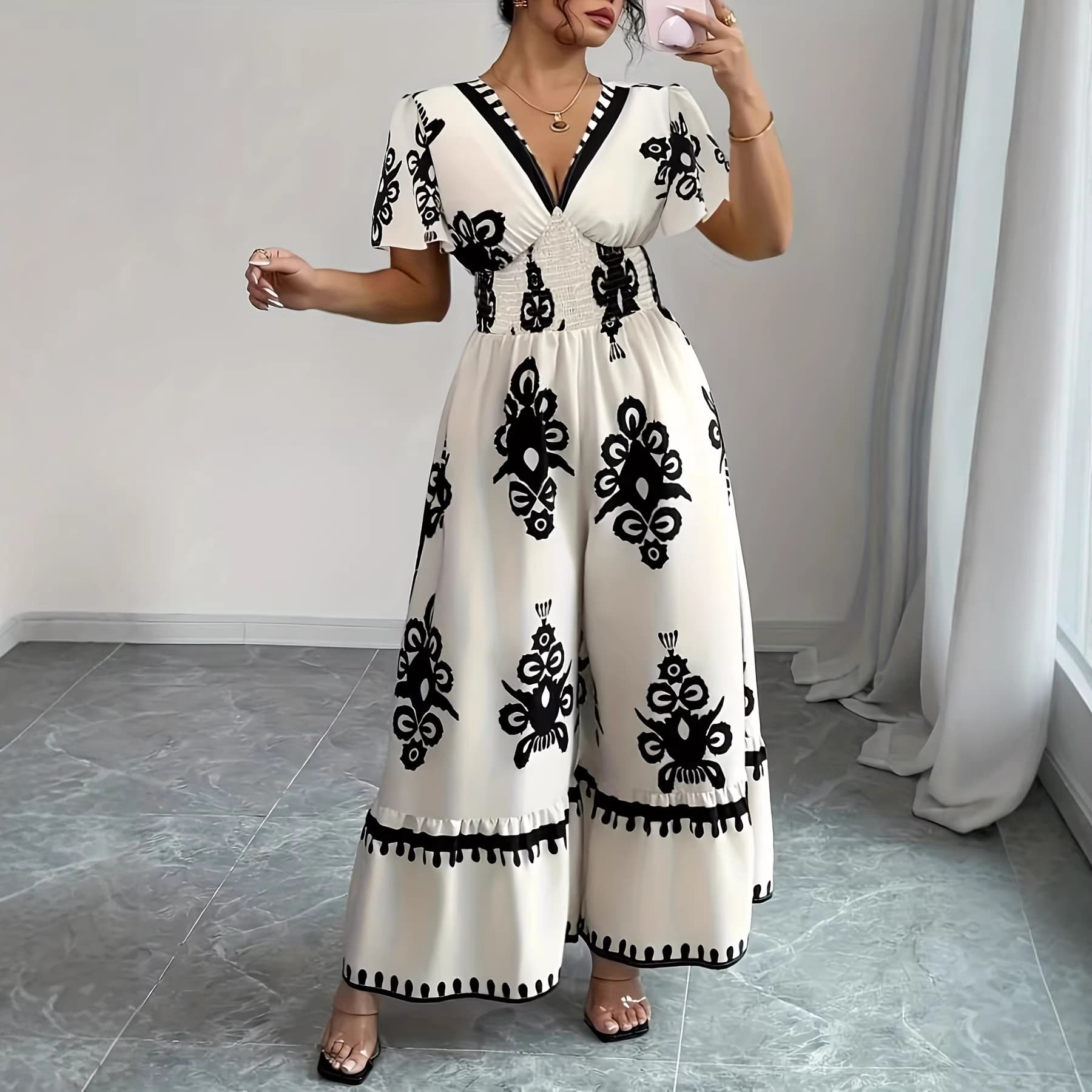 European and American cross-border Amazon women's large size, new summer style, printed v-neck short sleeves, elegant holiday style one-piece