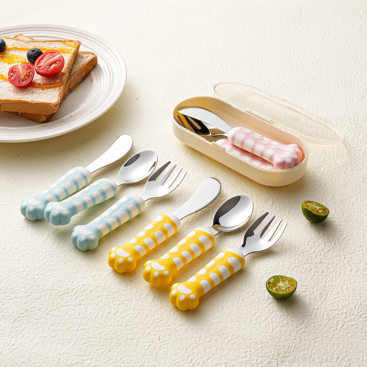 304 stainless steel cat claw children's tableware cute fork and spoon cartoon portable tableware set mini knife, fork and spoon