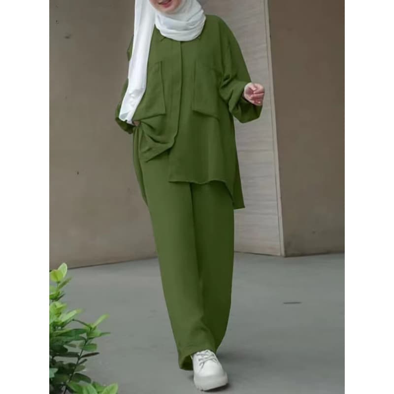 In Stock Cross-Border Long Sleeve Shirt and Pants Set with Patch Pockets, Concealed Button Placket, Dyed Buttons, Elastic Waistband