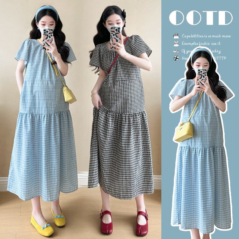 2025 Summer New Plaid Vintage Loose Slimming Casual Maternity Dress Maternity Gown Mid-Length